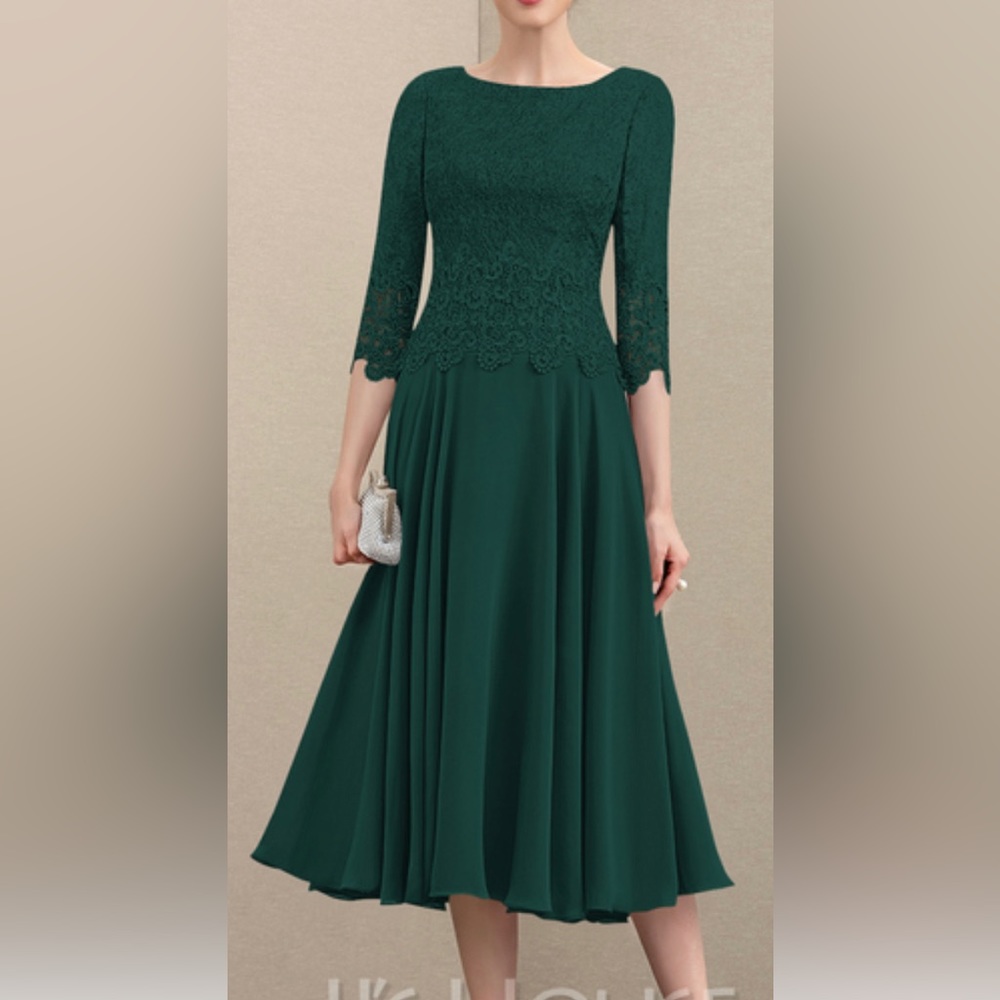 Tea-length, chiffon and lace, dark green dress. JJs House brand. Size 16.